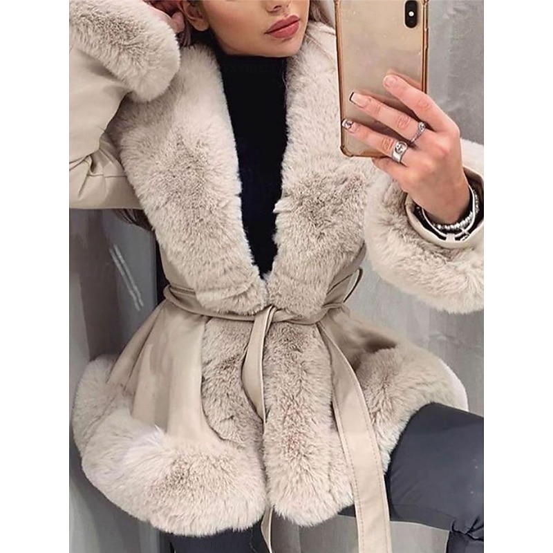Women's Faux Leather Jacket Warm Breathable Fur Collar Casual Plain Vacation Street Daily Wear Going out Open Front Regular V Neck Regular Fit Long Sleeve Outerwear Black Brown Beige Fall Winter2