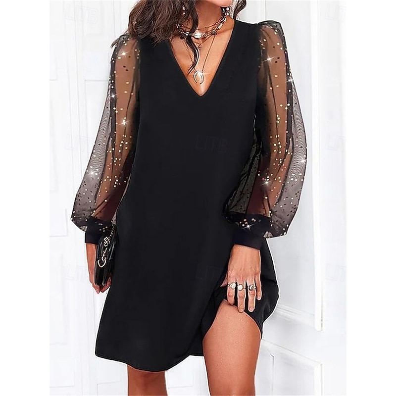 Women's Mini Dress Black Dress Cocktail Dress Formal Dress Elegant Formal Bishop Sleeve Formal Christmas Party Regular Fit Solid Color Long Sleeve V Neck Black Spring Fall