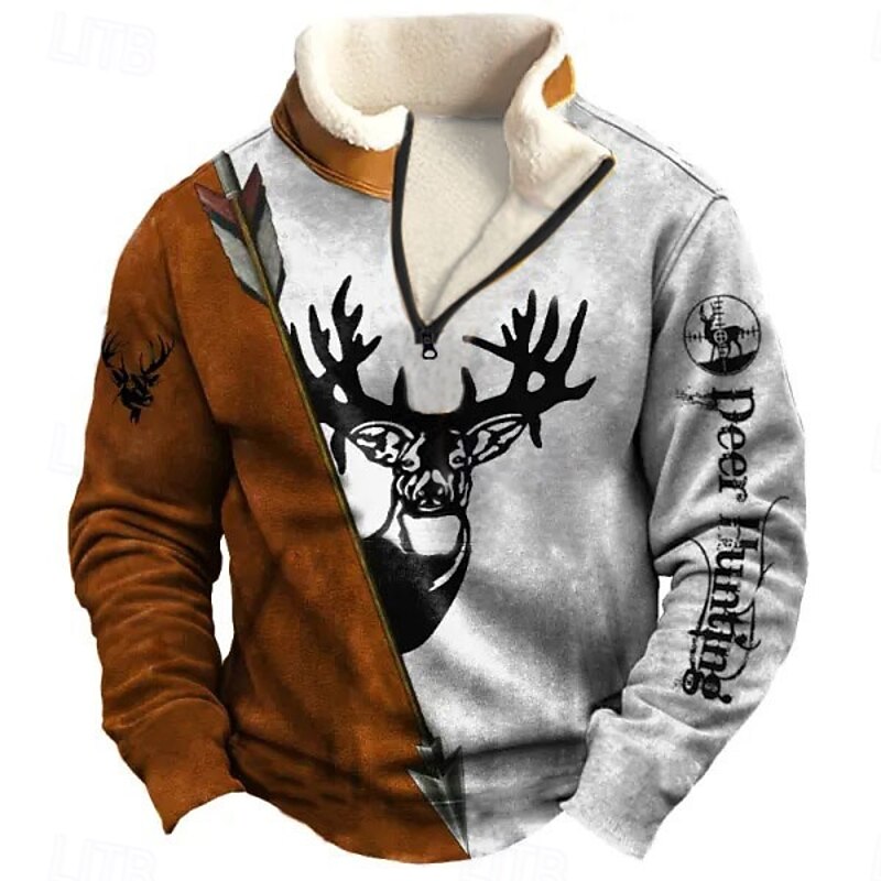 Men's Letter Deer Sweatshirt Quarter Zip Sweatshirt Long Sleeve Sweatshirt Stand Collar Quarter Zip Casual Vintage Retro 3D Print Vacation Going out Streetwear Half Zip Fall Winter