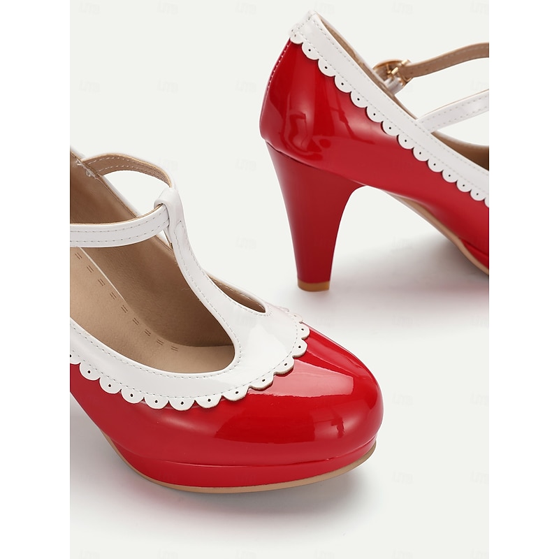 Vintage Red Patent Leather Mary Jane Heels with White Scallop Trim – Women's T-Strap Shoes for Cosplay, Retro Parties, and Special Occasions4