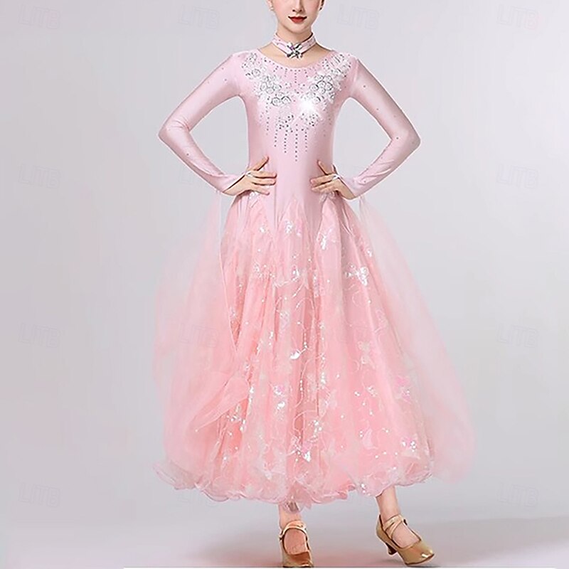 Ballroom Dance Dress Splicing Crystals / Rhinestones Paillette Women's Performance Party Long Sleeve Mesh Spandex Organza4