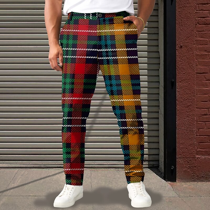 Men's Geometric Color Block Plaid / Check Dress Pants Mid Waist Business Casual Formal Street Dailywear Zipper Pocket Summer Spring Fall 3D Print Yellow Red Blue