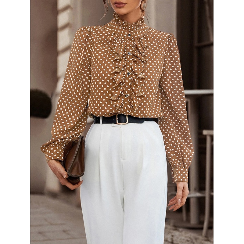 Women's T Shirt Polka Dot Modern Casual Long Sleeve High Neck Regular Tops Daily Black Brown Fall Winter