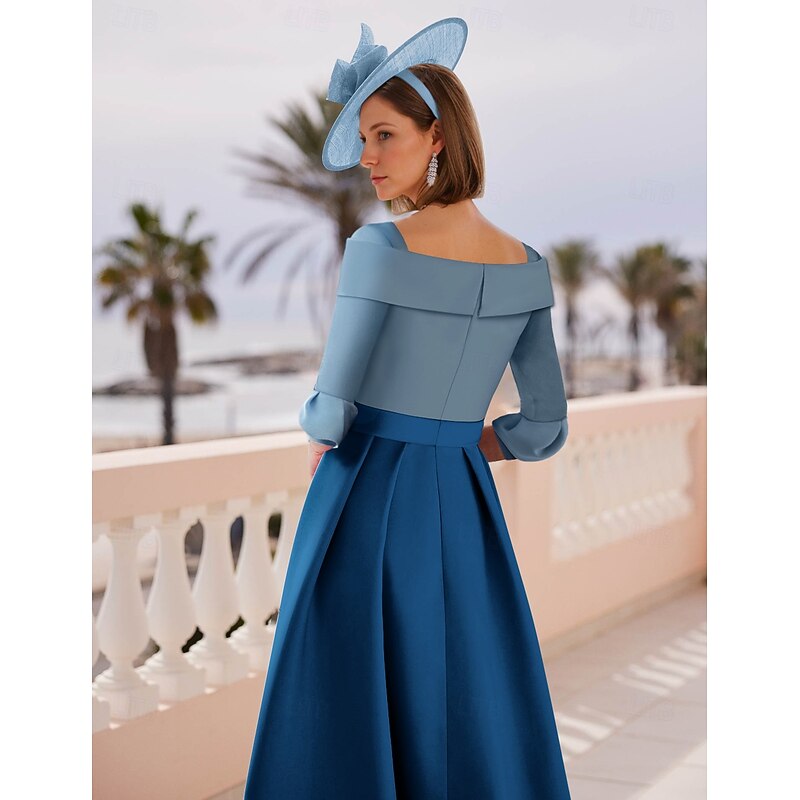A-Line Cocktail Dresses Beach Wedding Elegant Dress Formal Ankle Length 3/4 Length Sleeve Boat Neck Belt / Sash Satin with Shouder Flower Dresses2