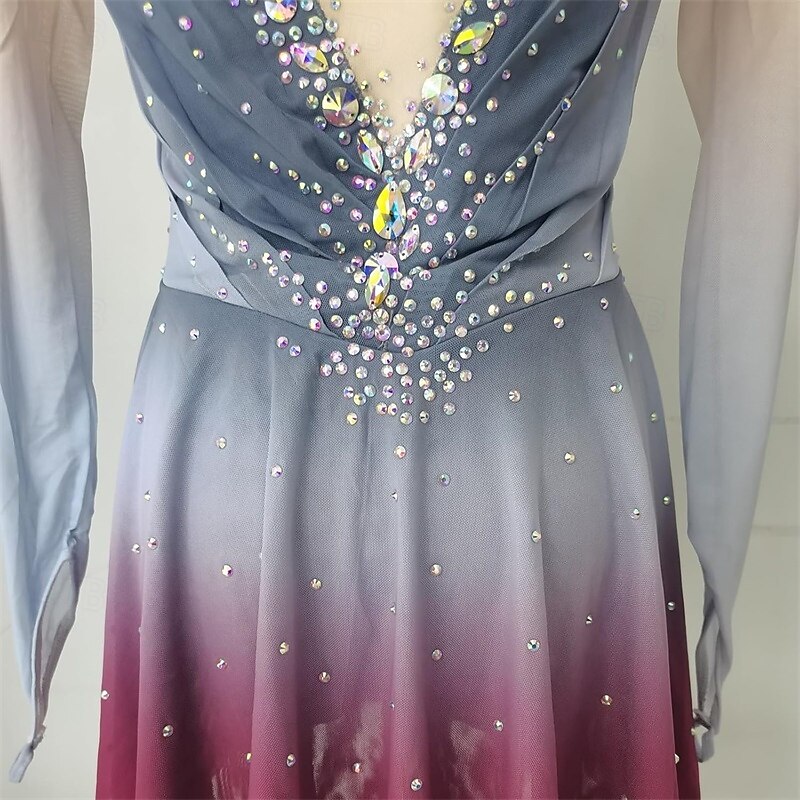 Figure Skating Dress Women's Girls' Ice Skating Dress Jacinth Gray Patchwork High Elasticity Training Competition Skating Wear Classic Crystal / Rhinestone Long Sleeve Ice Skating Figure Skating4