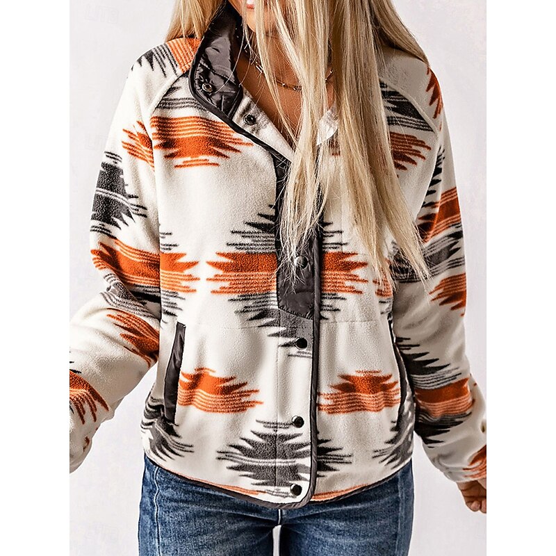 Women's Casual Jacket Outdoor Street Daily Wear Fall Winter Regular Coat Regular Fit Thermal Warm Breathable Ethnic Style Vintage Style Casual Jacket Long Sleeve Geometric with Pockets Print Orange