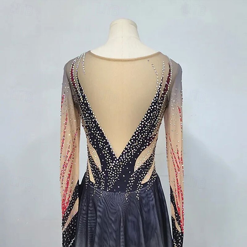 Figure Skating Dress Women's Girls' Ice Skating Dress Black Red Asymmetric Hem Mesh High Elasticity Training Competition Skating Wear Classic Crystal / Rhinestone Long Sleeve Ice Skating Figure3