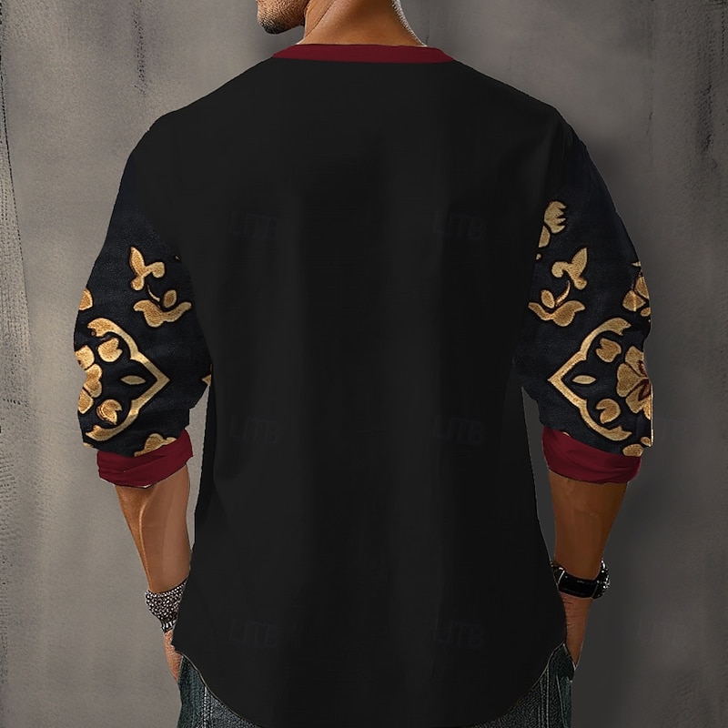 Men's Floral Shirt Button Up Shirt Henley Shirt Long Sleeve Vintage Casual Vacation Daily Beach Wear Summer Spring Fall Collarless V Neck 3D Print Buttons Black2