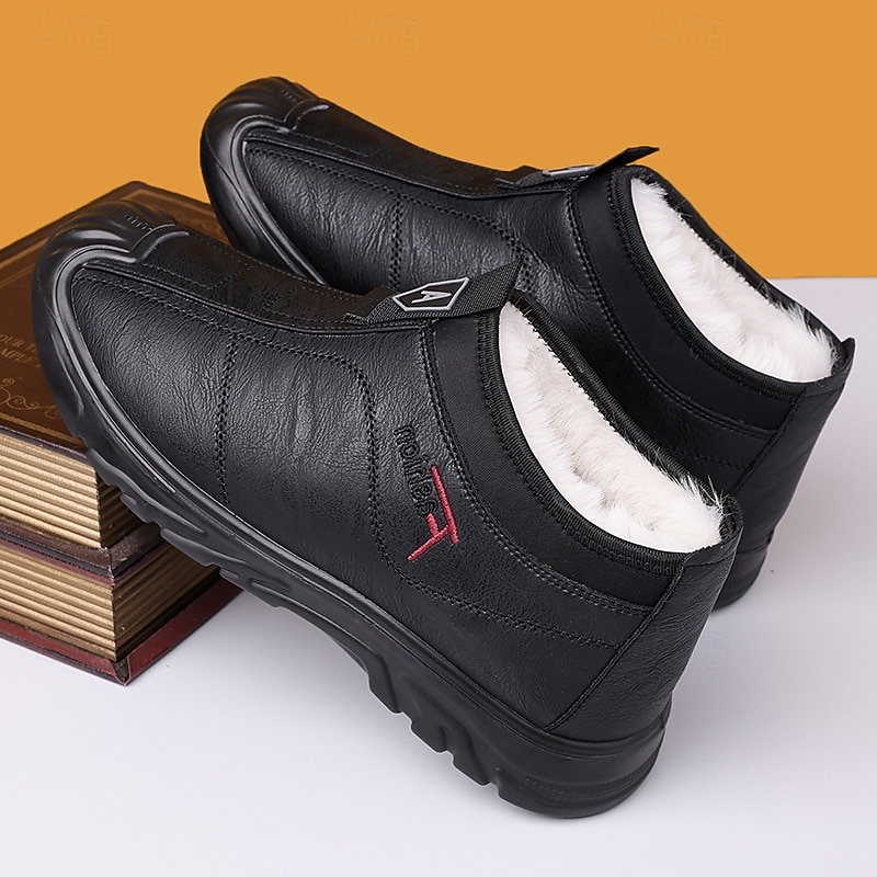 Men's Black Waterproof Winter Slip-On Shoes – Warm Faux Fur Lining, Durable Non-Slip Sole, Perfect for Cold Weather and Outdoor Activities2