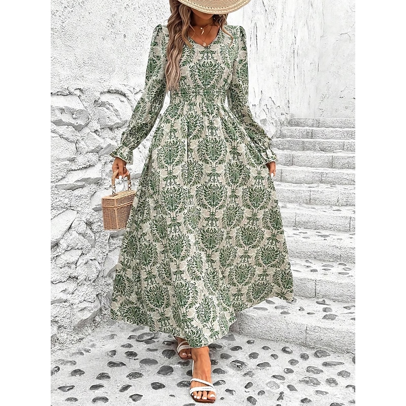 Women's Maxi Dress Casual Dress Swing Dress A Line Dress Boho Dress Casual Daily Regular Fit Floral Long Sleeve V Neck Black White Green Summer Spring Fall2
