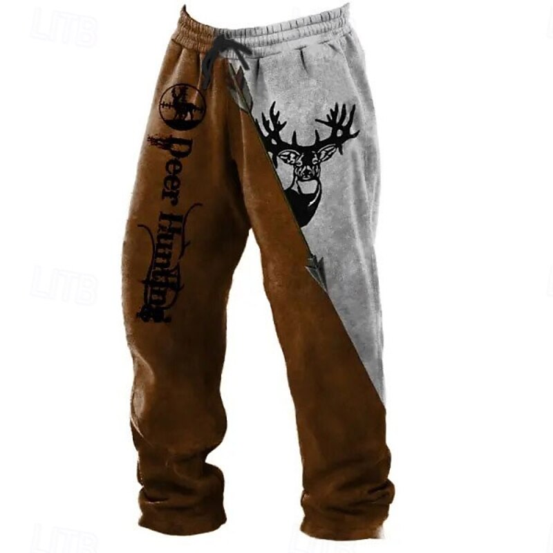 Men's Deer Joggers Fleece Sweatpants Drawstring Elastic Waist Vintage Casual Outdoor Street Dailywear Pocket Straight Leg Trousers Thermal Winter 3D Print Brown