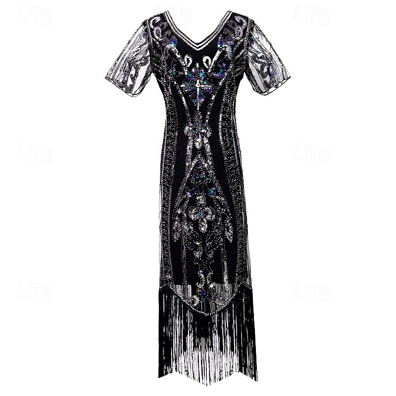 1920s Vintage Inspired The Great Gatsby Short Length Masquerade Illusion Sleeve The Great Gatsby Wedding Guest Sequins Sequin V Neck Fancy Dress Women's Carnival Masquerade Casual Daily Party3