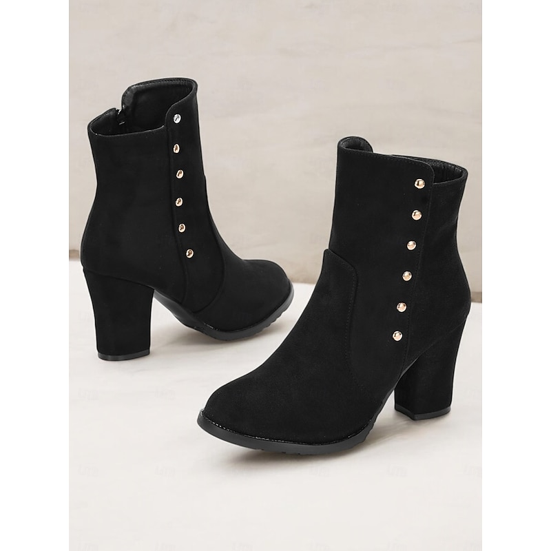 Women's Black Suede Ankle Boots with Faux Fur Lining and Gold Button Accents – Stylish Block Heel Boots for Winter Wear3