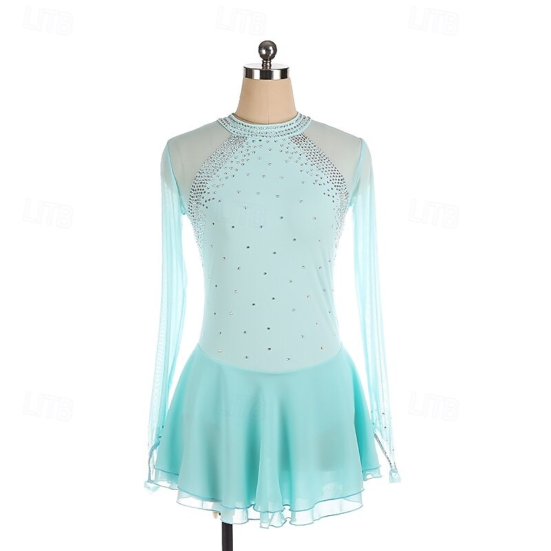Figure Skating Dress Long-Sleeved Ice Skating Skirt leotards Spandex Women's girl's AB rhinestones4