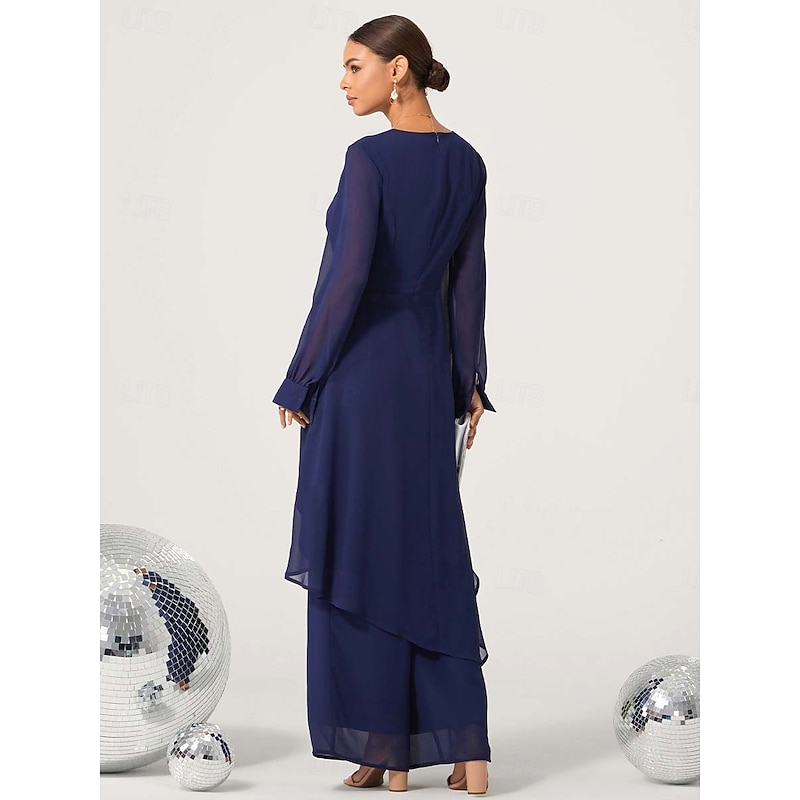 Women's Wedding Guest Jumpsuit Elegant Navy Blue Long Sheer Sleeve Wide Leg Chic Evening Party Wear Round Neckline Spring Summer Fall2
