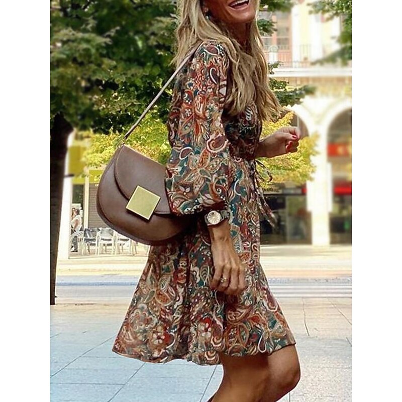 Women's Mini Dress Casual Dress A Line Dress Boho Dress Vintage Ethnic Casual Daily Regular Fit Floral Long Sleeve V Neck Brown Summer Spring Fall