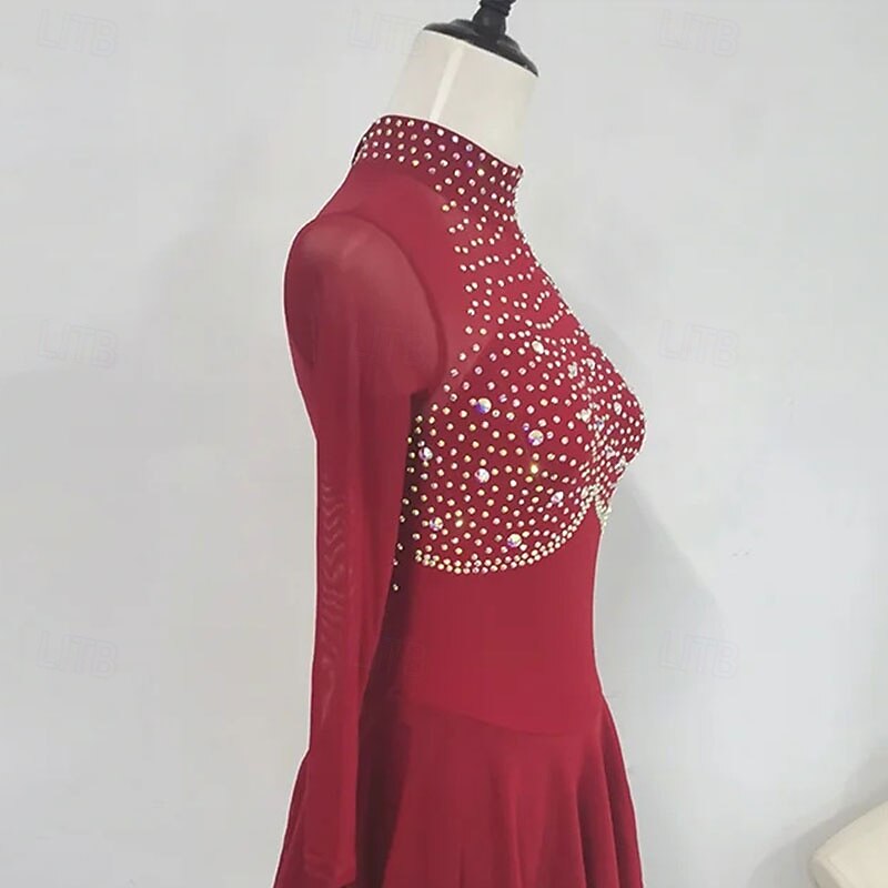 Figure Skating Dress Women's Girls' Ice Skating Dress Red High Elasticity Training Competition Skating Wear Classic Crystal / Rhinestone Long Sleeve Ice Skating Figure Skating2