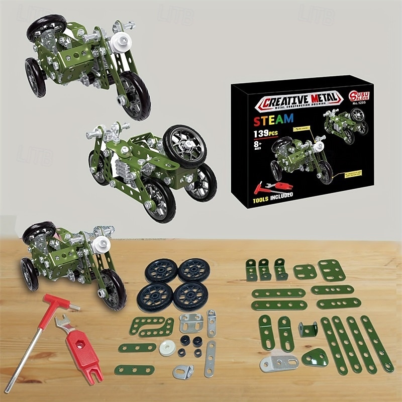 139PCS Metal DIY Tricycle Model Building Kit for Kids  STEM Educational Toy Creative Assembly Motorcycle Blocks for Boys Ages 8-12 Years  Engineering Puzzle Set for Children Ideal Gift