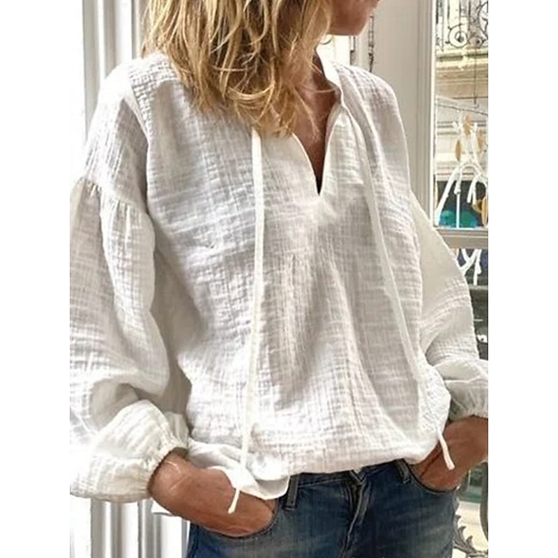 Women's Shirt Cotton Linen Shirt Vintage Long Sleeve Lantern Sleeve V Neck Going out White Spring &  Fall