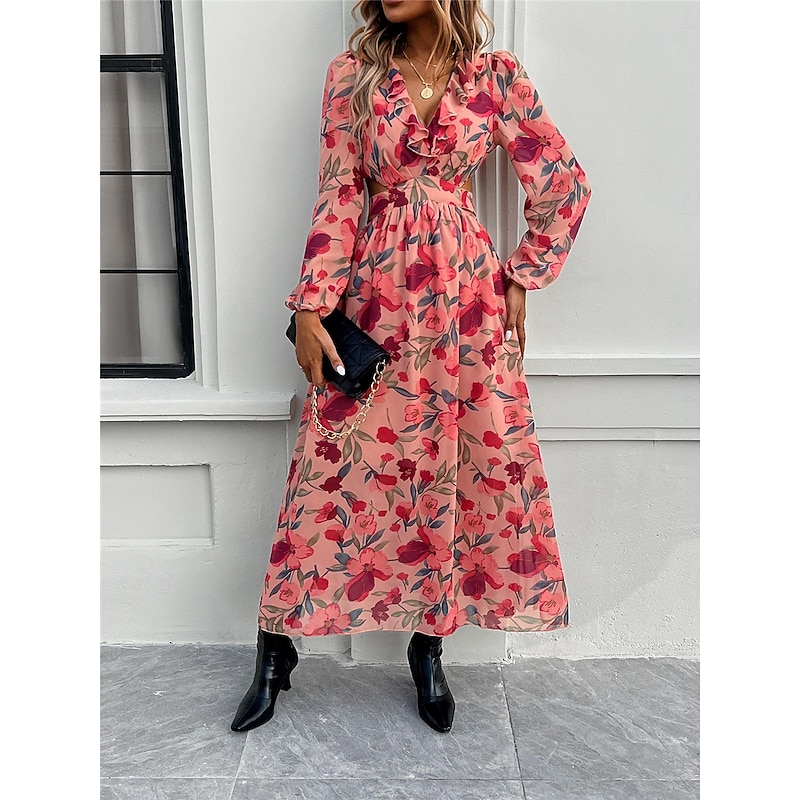 Women's Floral V Neck Maxi Dress Long Sleeve Summer Spring