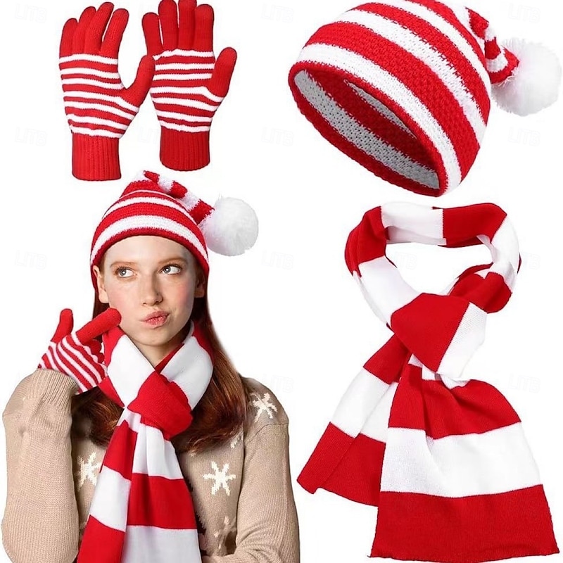 Santa Claus Elf Gloves Christmas Gift Knitted Hats Scarf Set Men's Women's Novelty Funny Knitted Pattern Christmas Christmas Eve Gloves Scarf Hat3