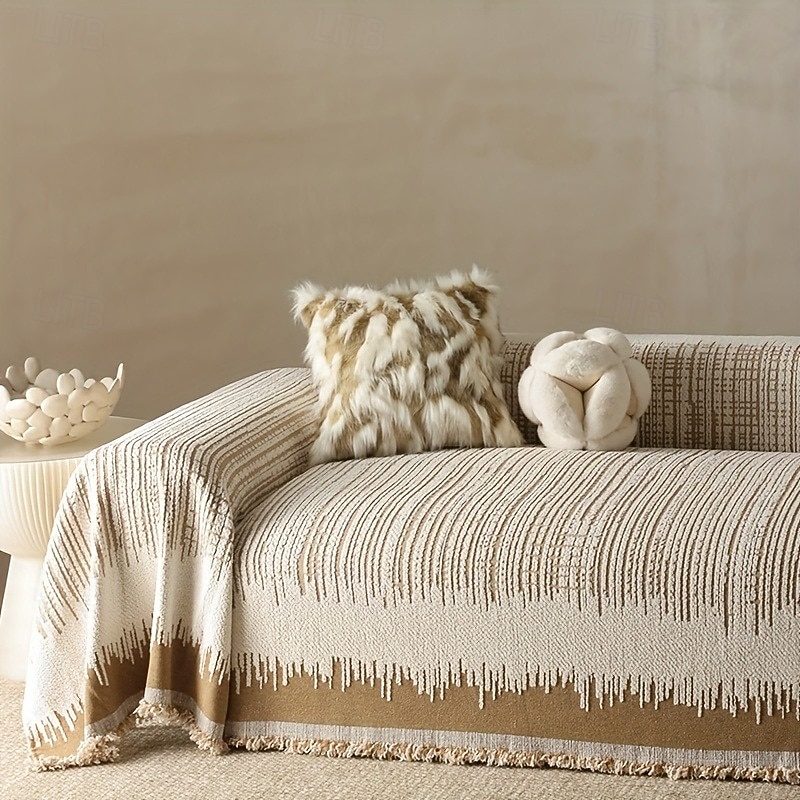 Thickened Sofa Blanket Autumn And Winter Gradient Striped Jacquard Half Velvet Sofa Towel With Tassels Multi-functional Blanket4