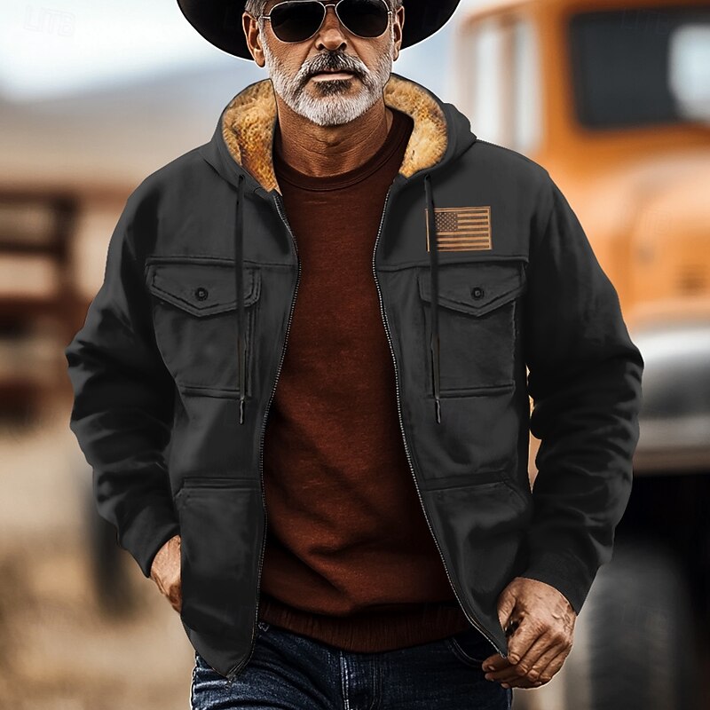 Men's Cowboy Fleece Hoodies Fashion Cool Long Sleeve Hooded Holiday Streetwear Black Army Green Zipper Pocket Fall Winter Designer2