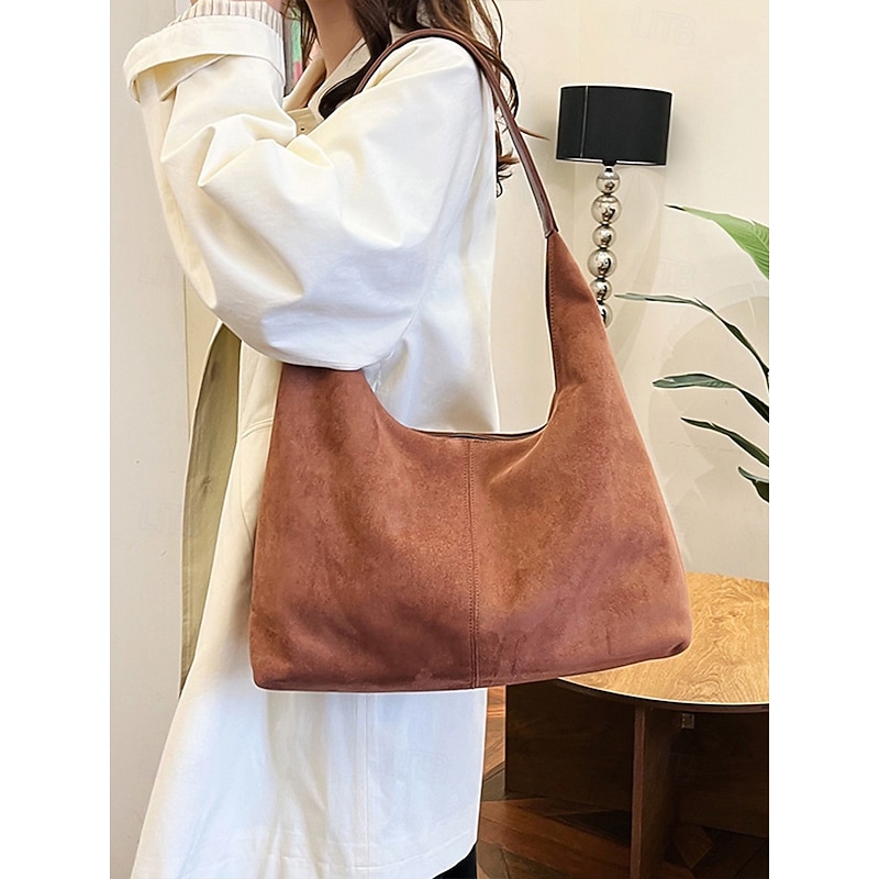 Women's Minimalist Brown Suede Hobo Shoulder Bag – Stylish Casual Tote for Everyday Use, Soft and Spacious Handbag for Work or Shopping