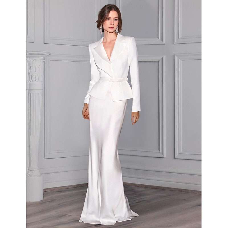 Tuxedo Dress Sheath / Column Formal Wedding Guest Satin Stretch Crepe Elegant Long Sleeve Floor Length Peak Lapel