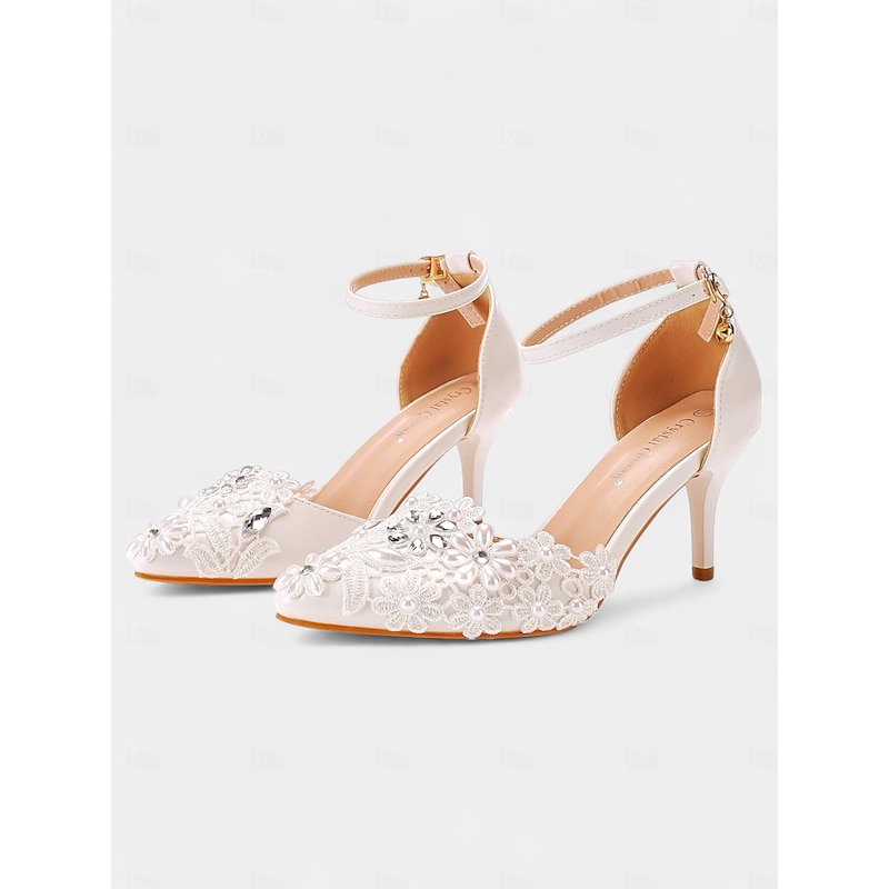 Women's Elegant Ivory Bridal Heels – Floral Lace and Pearl Embellished Satin Wedding Shoes with Ankle Strap 5