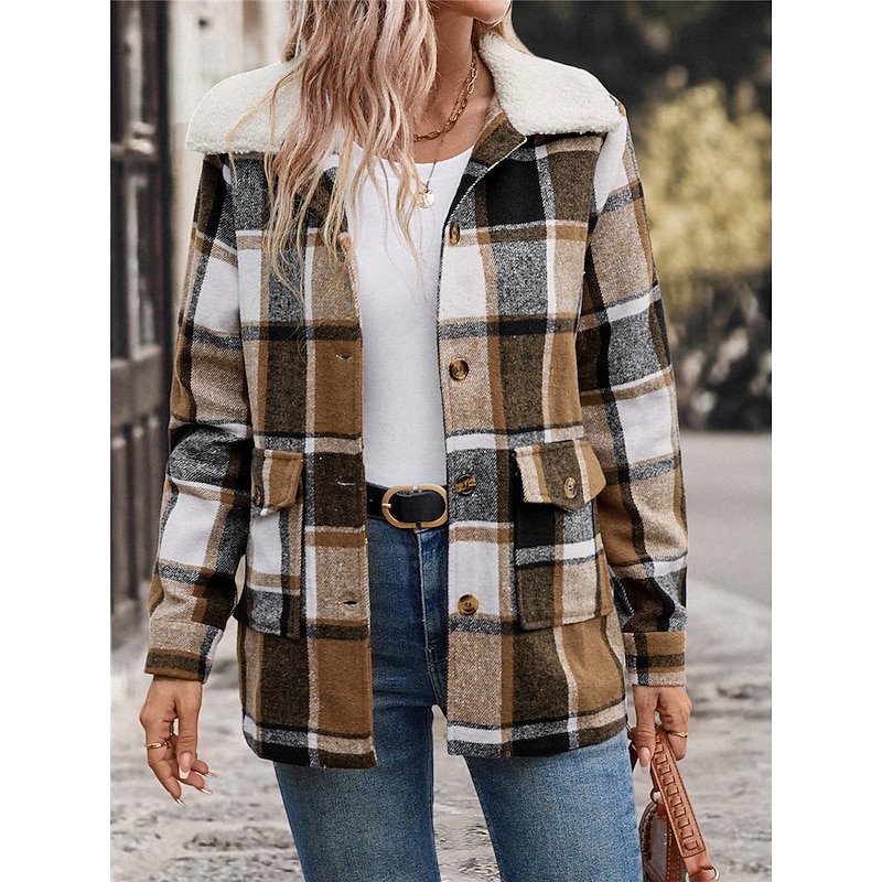 Women's Winter Coat Outdoor Street Daily Wear Fall Winter Regular Coat Regular Fit Thermal Warm Breathable Stylish Casual Jacket Long Sleeve Stripes and Plaid with Pockets Fur Collar Khaki4