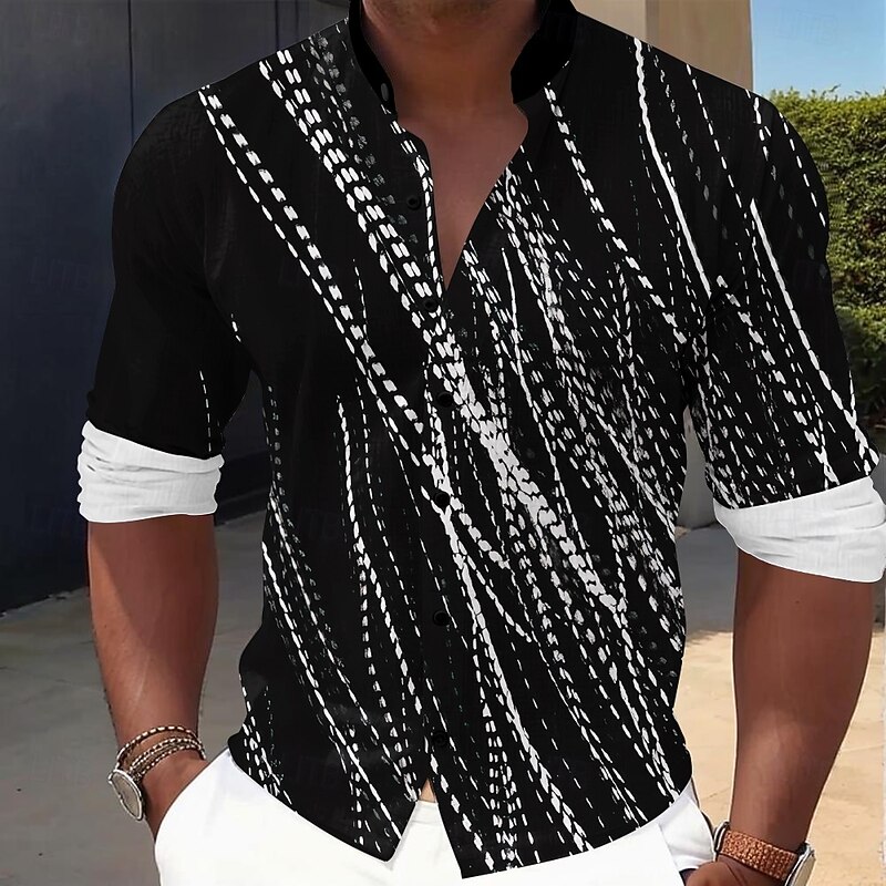 Men's Line Dress Shirt Button Up Shirt Long Sleeve Casual Vacation Home Daily Summer Spring &  Fall Grandad Collar Band Collar 3D Print Black White Blue Gray4