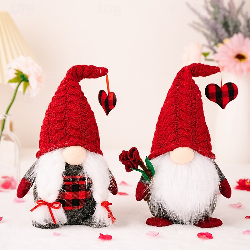 Valentine's Day Gnome Decor, Love Gnome with Heart and Roses, Romantic Plush Mr. and Mrs. Gnome for Tiered Tray Decor, Perfect Holiday Gift - Main Image