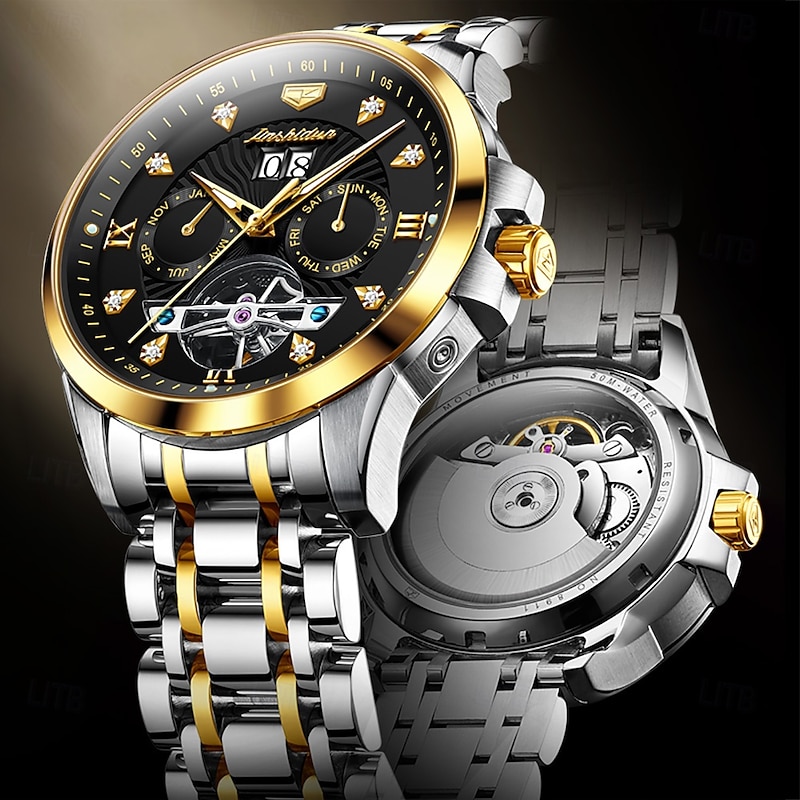 Men Mechanical Watch Fashion Casual Wristwatch Automatic Self-winding Luminous Calendar Date Week Steel Watch