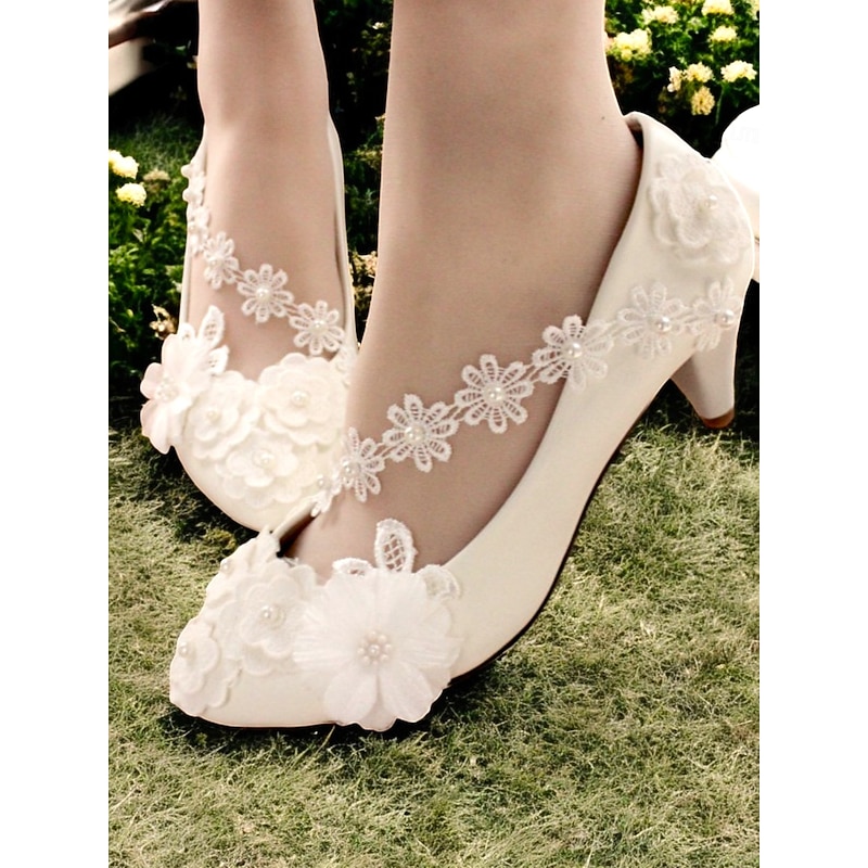 Women's Floral Embellished Wedding Heels – Lace and Pearl Detailed Bridal Shoes with Ankle Strap