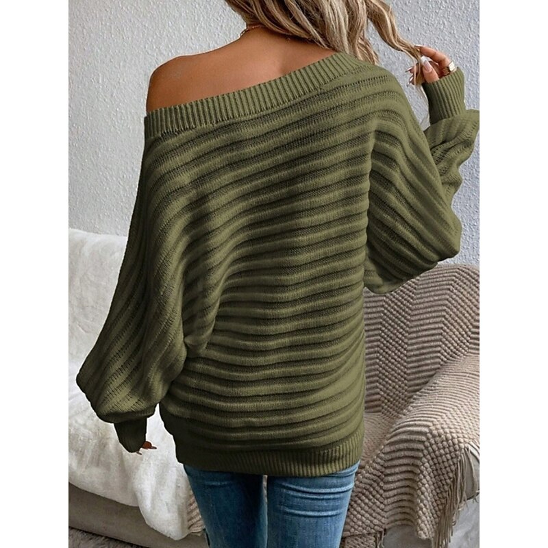 Women's Sweater Casual Soft Pure Color Ribbed Boat Neck Knitted Long Sleeve Regular Tops Knit Outdoor Daily Weekend Black White Fall Winter2