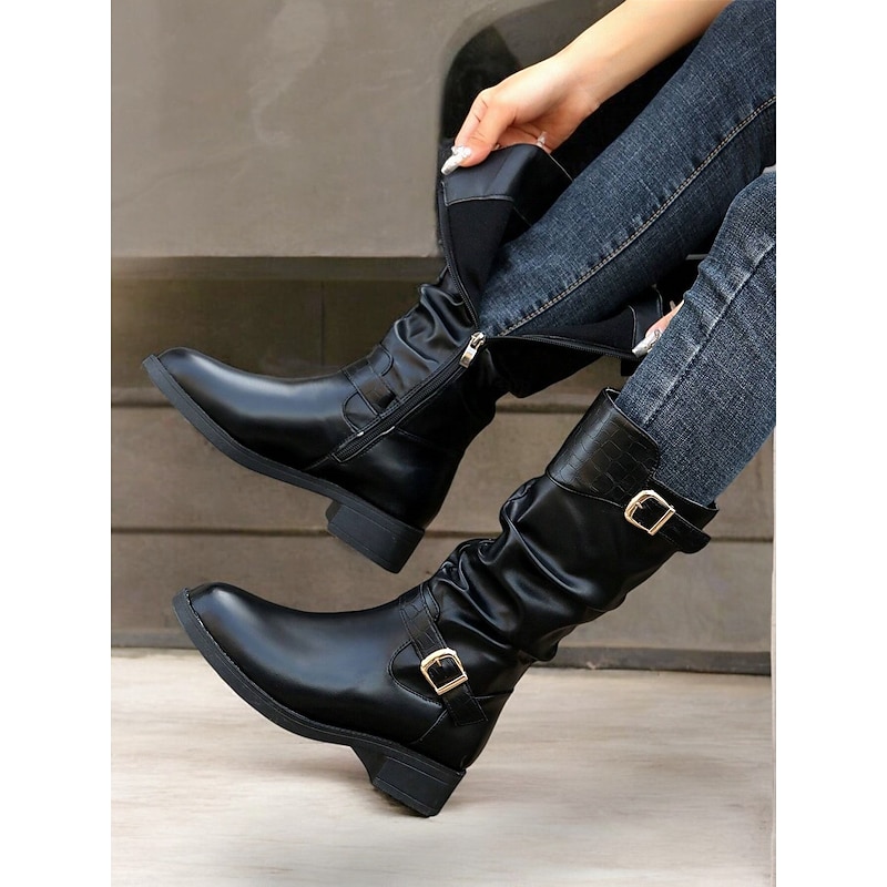 Women's Black Mid-Calf Slouchy Boots with Croc-Embossed Detail and Gold Buckle Accents – Casual and Stylish Design 10