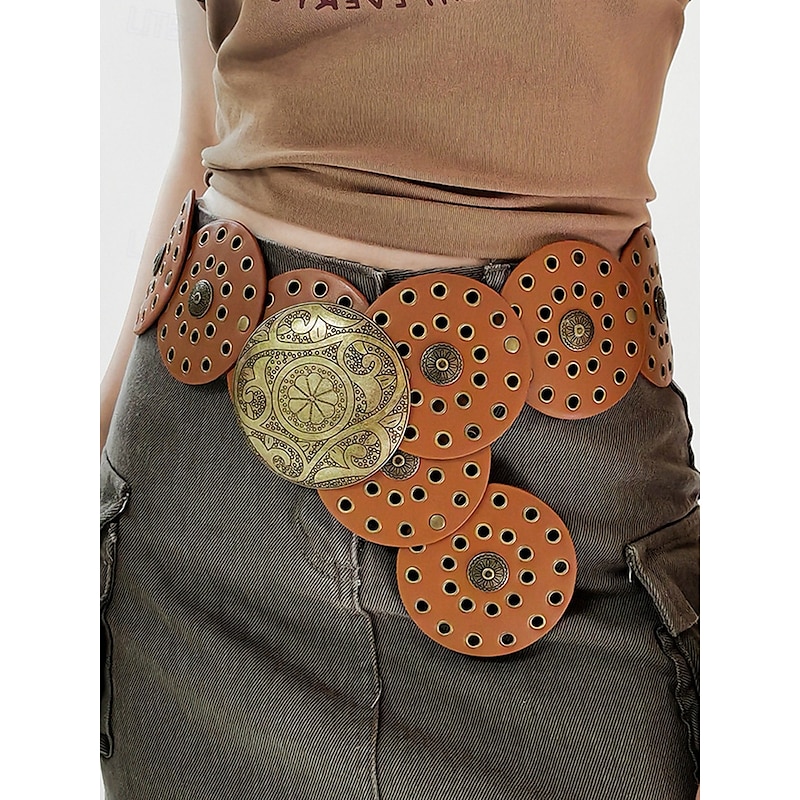 Women's Brown Faux Leather Belt with Perforated Circles and Intricate Metal Buckle - Bohemian Chic Fashion Accessory