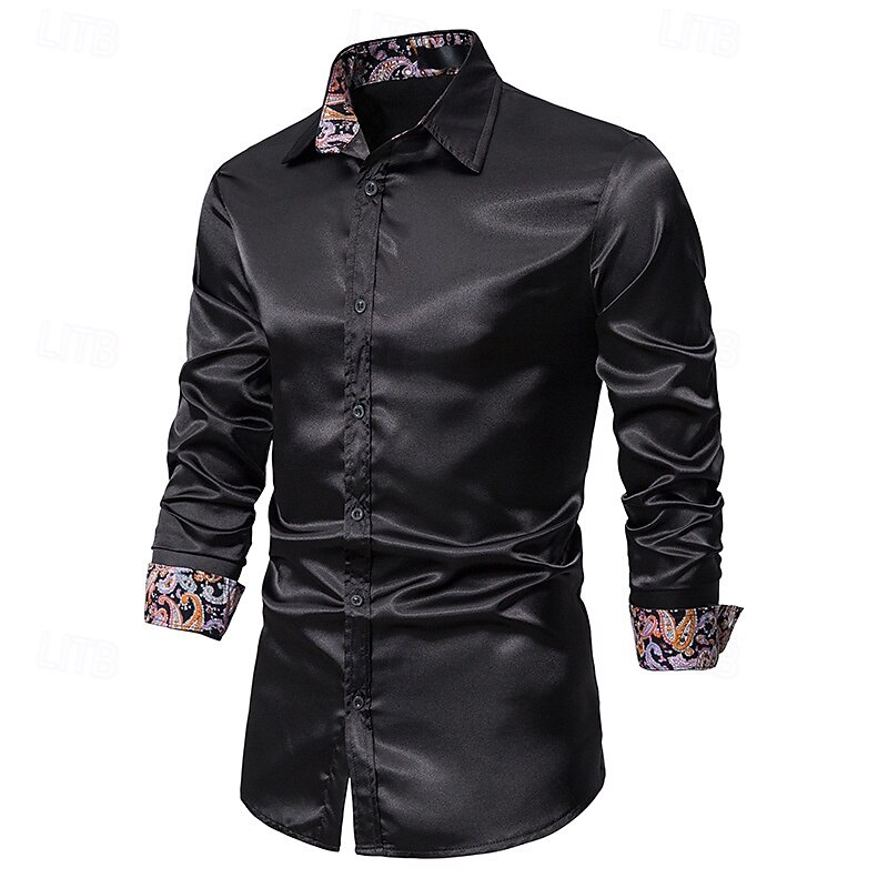 Men's Shirt Satin Shirt Casual Shirt Button Up Shirt Paisley Wedding Vacation Black Champagne Navy Blue Long Sleeve Collar Spring &  Fall Clothing Apparel