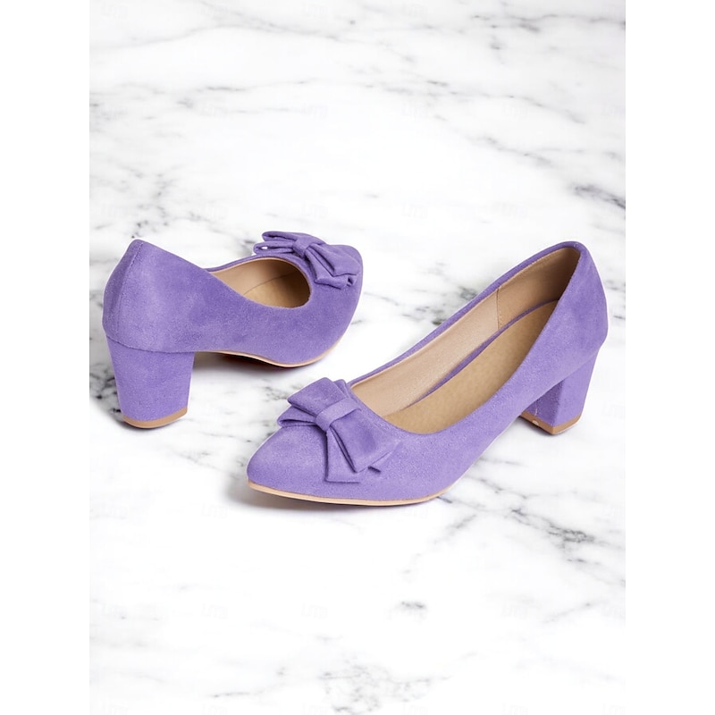 Purple Suede Bow-Tie Low Heel Pumps - Elegant and Comfortable Women's Block Heel Shoes for Everyday Wear3