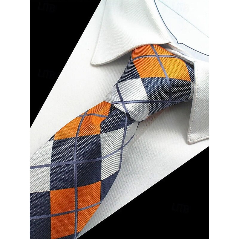 Men's Orange and Navy Plaid Necktie Set with Pocket Square and Cufflinks – Stylish Formal Accessory for Weddings and Business Attire2