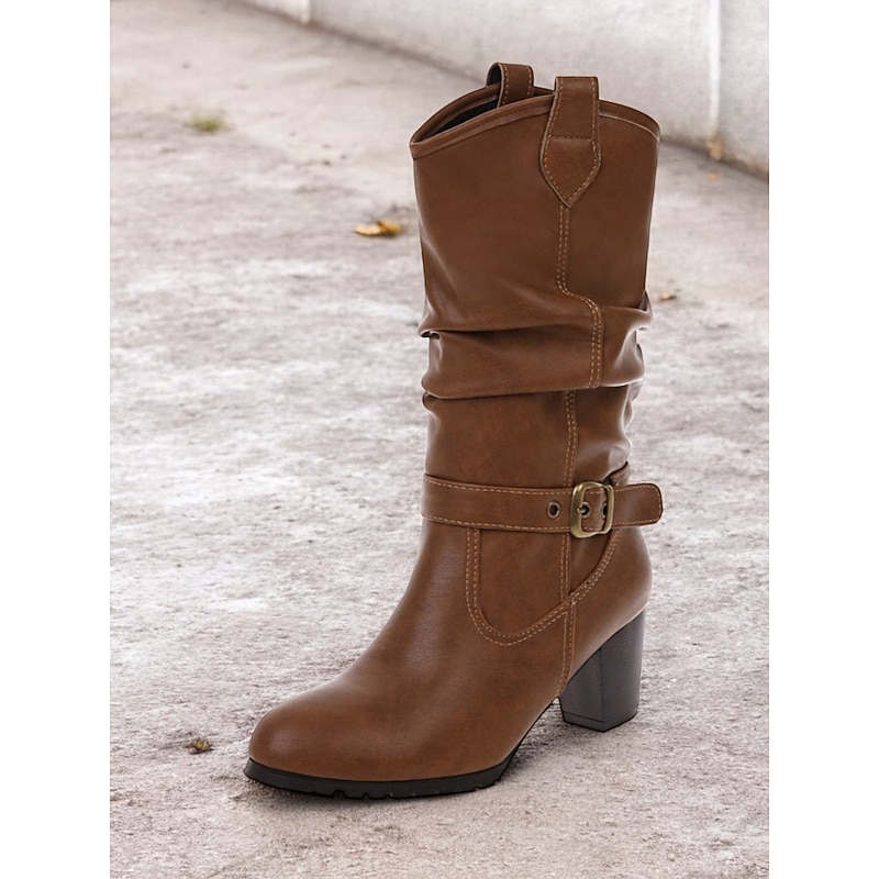 Women's Brown Knee-High Boots with Buckle Details and Block Heels – Classic and Versatile Footwear for Casual and Fall Outfits