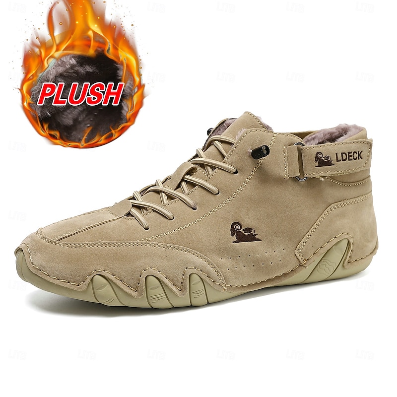 Men's Vintage Green Faux Suede Lace-Up Ankle Boots with Hand-Stitched Detailing and Warm Fleece Lining – Casual Outdoor Comfort Shoes