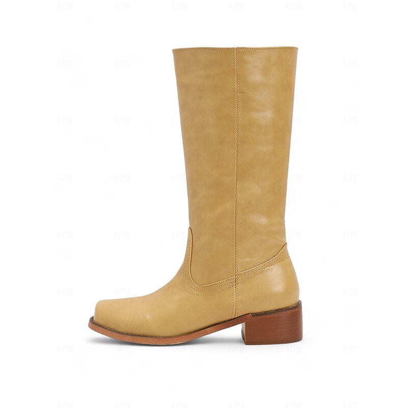 Women's Brown Faux Leather Western Cowboy Boots - Mid-Calf Height with Stacked Heel for Casual and Country Style Outfits3