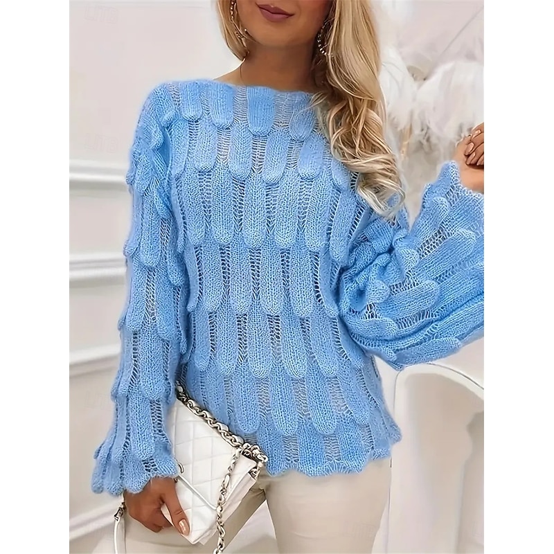 Women's Sweater Casual Soft Pure Color Ribbed Crew Neck Knitted Long Sleeve Regular Tops Knit Outdoor Daily Weekend Blue Fall Winter3