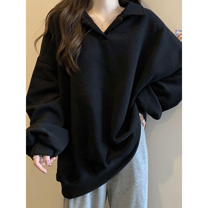 Women's Sweatshirt Casual Plain Street Dailywear V Neck Long Sleeve Black White Coffee Fall Winter4