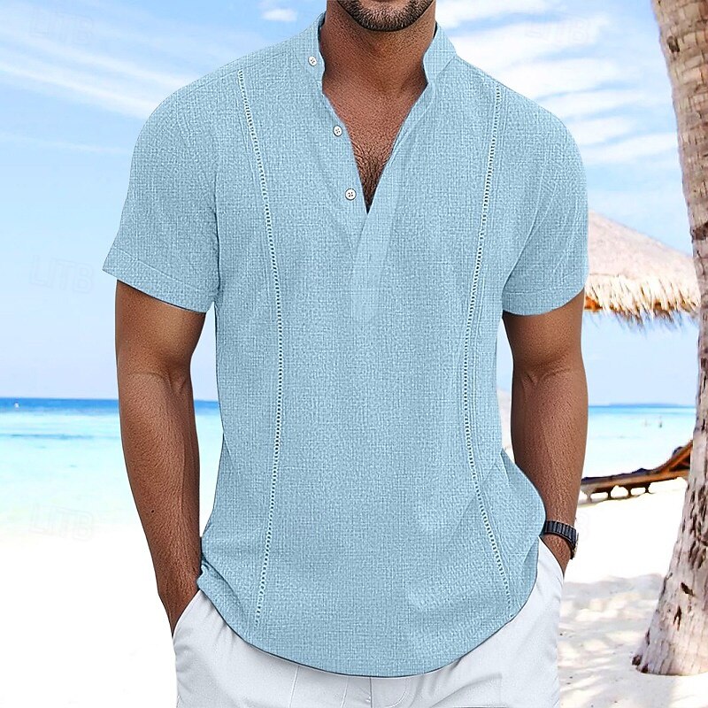 Men's Shirt Linen Shirt Guayabera Shirt Popover Shirt Summer Shirt Beach Wear Plain Vacation Curise White Navy Blue Blue Green Short Sleeve Collar Summer Clothing Apparel