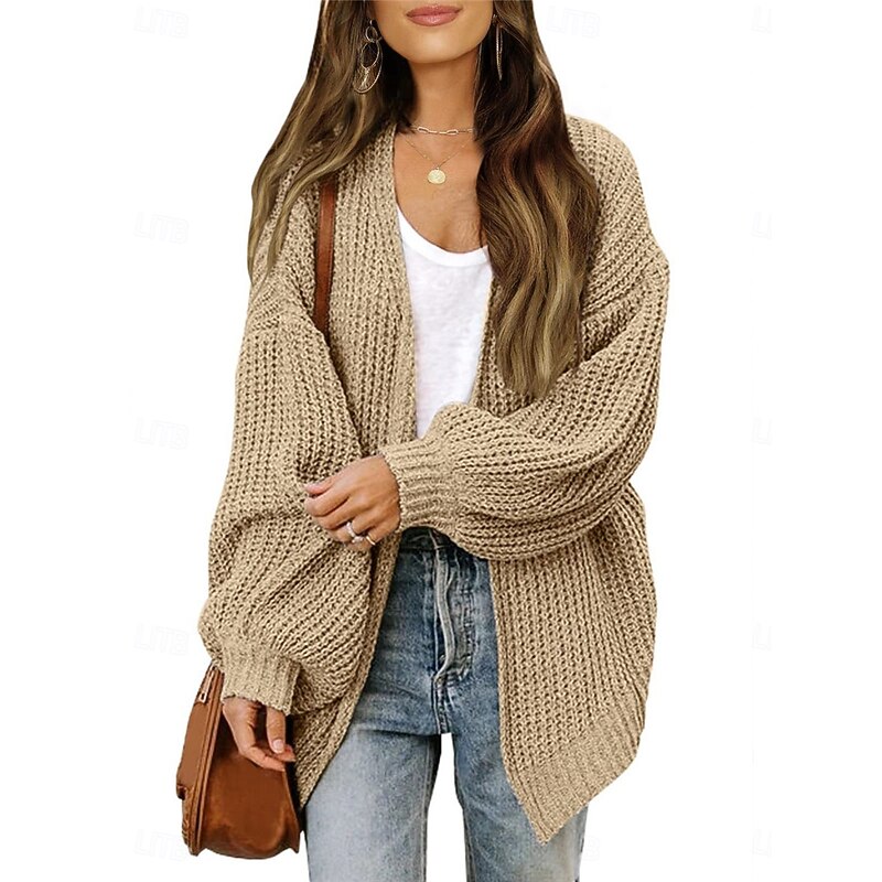 Women's Sweater Cardigan Casual Soft Pure Color Ribbed Open Front Knitted Long Sleeve Regular Tops Knit Outdoor Daily Weekend Khaki Coffee Fall Winter4