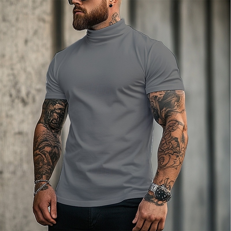 Men's T Shirt Turtleneck shirt Short Sleeve Stand Collar Summer Spring Plain Fashion Casual Comfortable Classic Style Vacation Street Holiday Black White Gray Top Tee for Men3