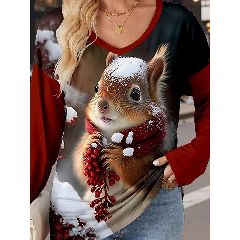 Women's T Shirt  Casual Print Long Sleeve Regular Tops V Neck  Daily Red Spring Fall3